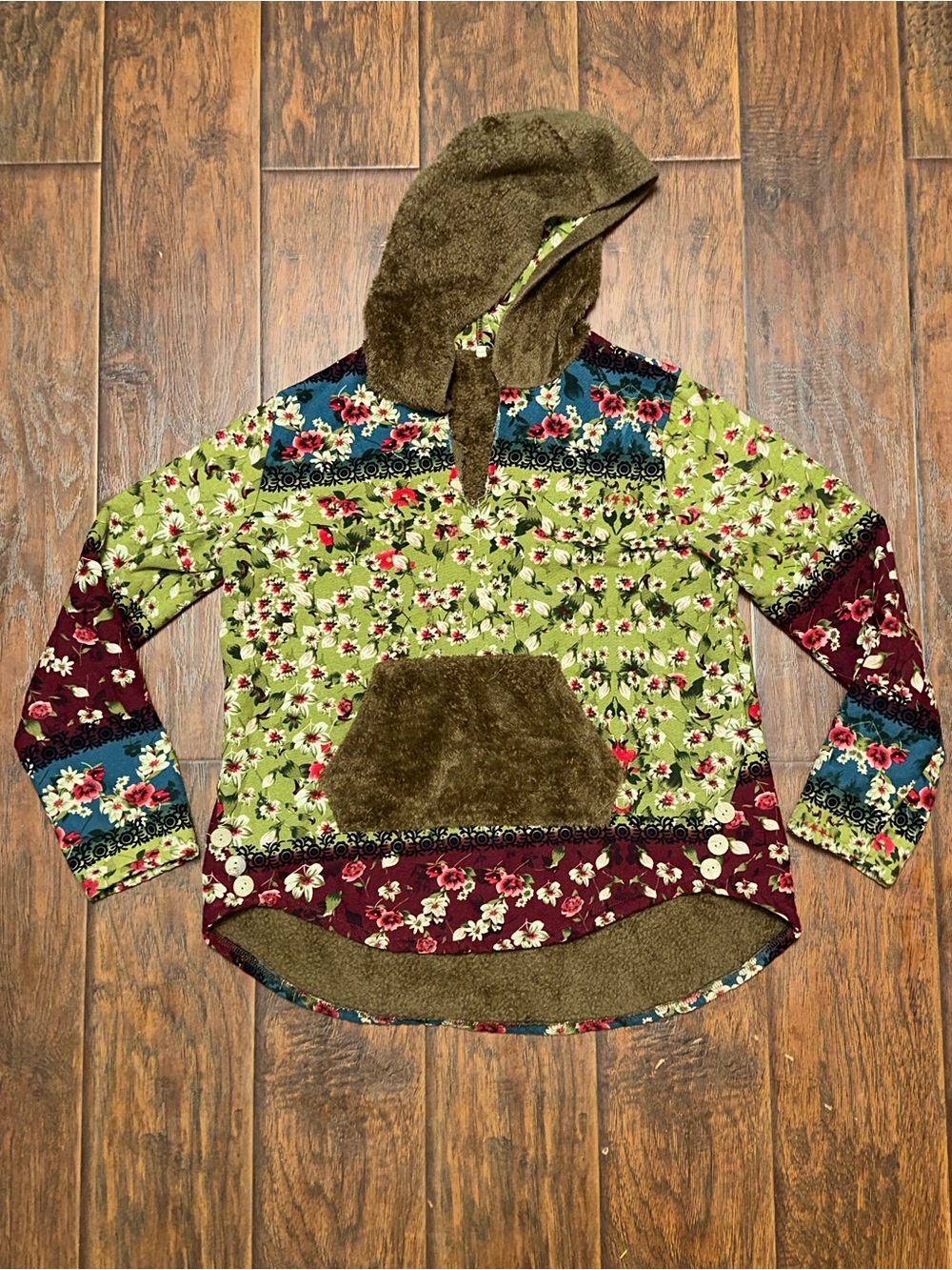 Floral Patchwork Fleece Sherpa Hooded Pullover Top Cottagecore Boho Small   AA24